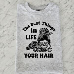 Riding shirt Skull messy bun best things mess up your hair Sxs Rzr Utv 4x4 Rider